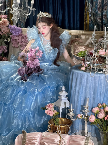 Blue Ball Gown Round Neck Layered Organza Prom Dress 16th Birthday Dress HZ1023